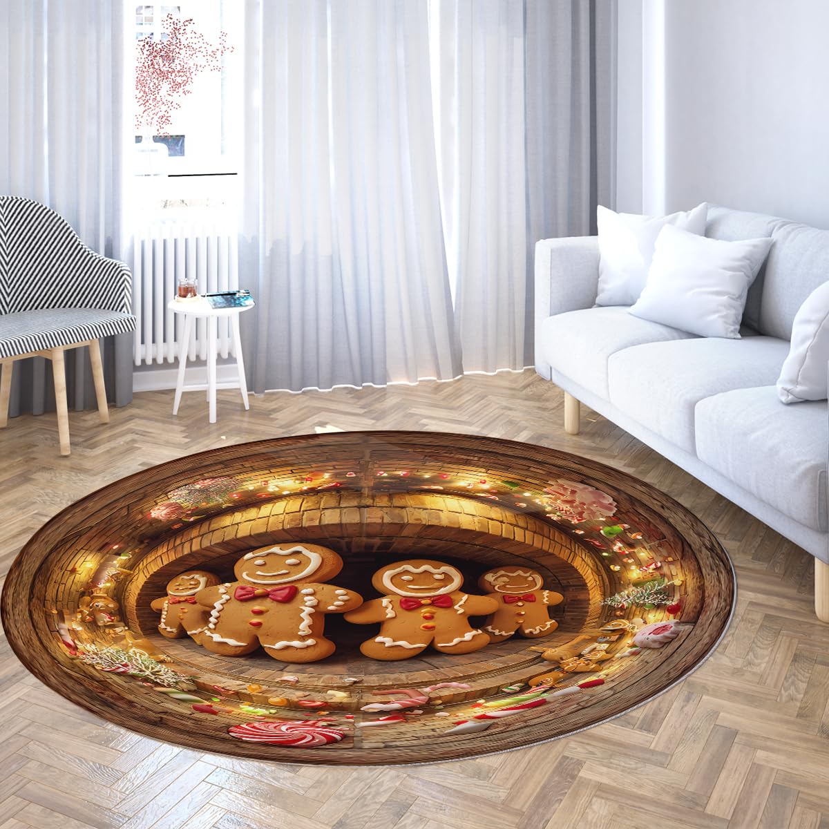 Tapis Ronds Style Ferme 100cm Motifs de Biscuits de Biscuit Man Tapis Circulaire Pliable Pliable antidérapant et Lavable antidérapant pour Salle à Manger