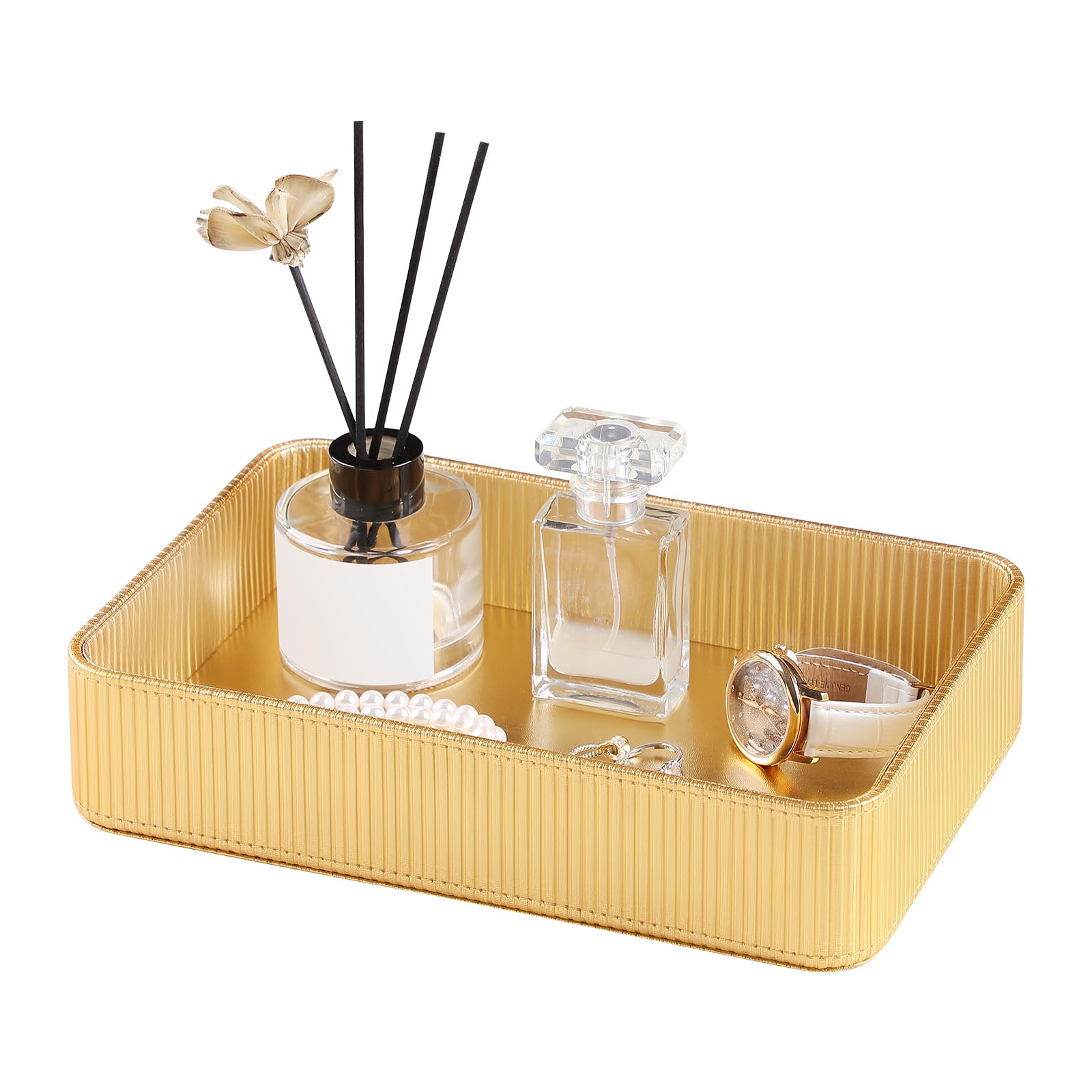 Vassoio portaoggetti in pelle ecologica in poliuretano, moderno organizer da comodino da comodino da scrivania, per donne e uomini, decorativo, per profumi, portachiavi, portafogli (oro)