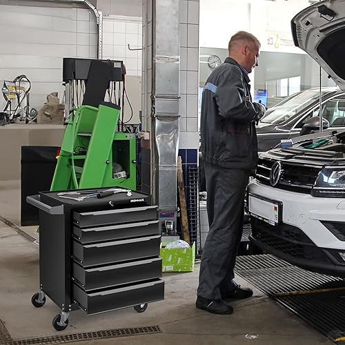 Vista 9 de Goplus Cofre de herramientas con ruedas de 5 cajones, gabinete de almacenamiento de herramientas de acero con asa, agujeros para colgar, sistema