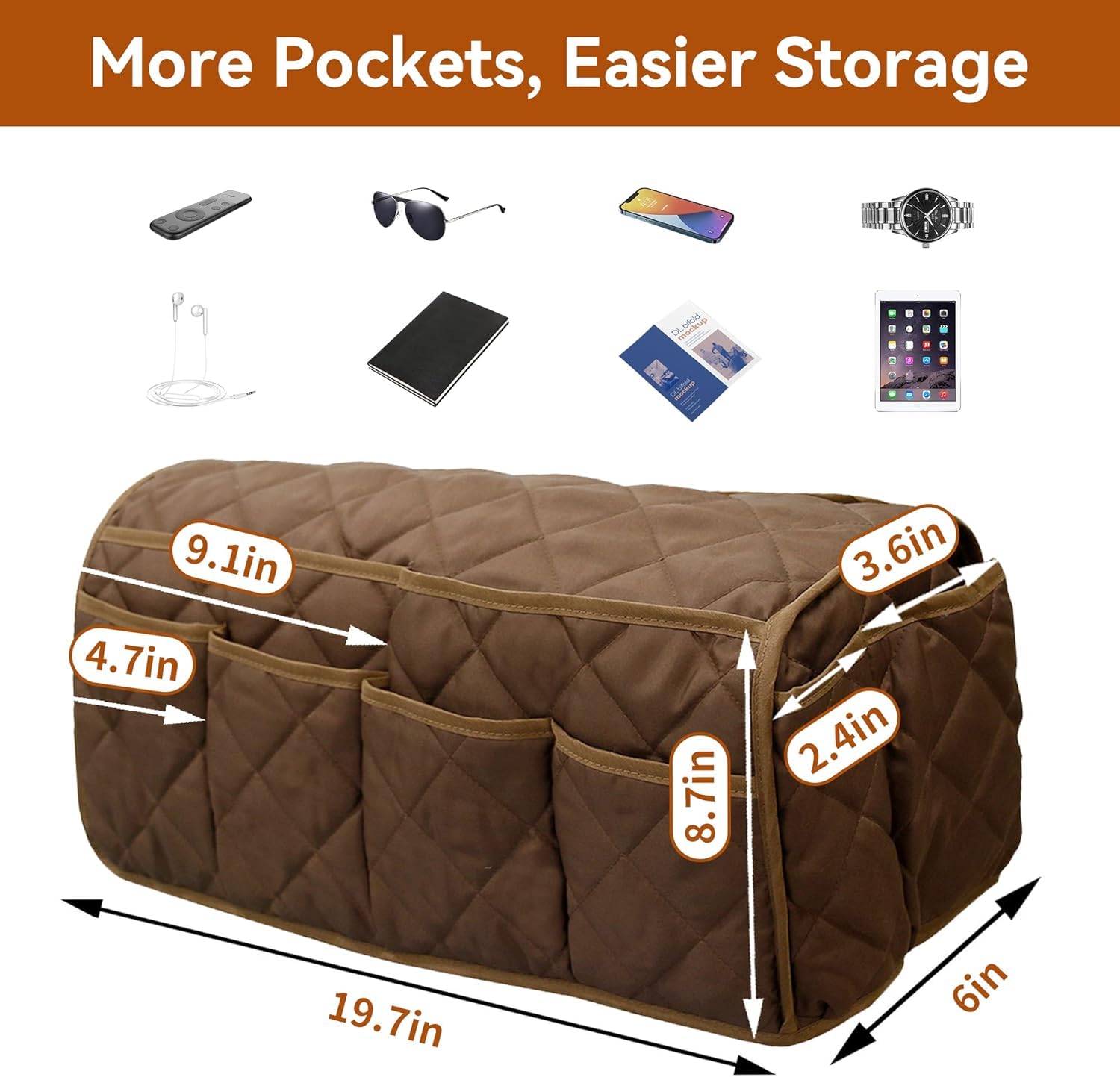 MEHIDFY Organizador de reposabrazos para sillón reclinable, organizador de reposabrazos antideslizante para sofá con 14 bolsillos de almacenamiento para revistas, tabletas, teléfonos, iPad (marrón, 2