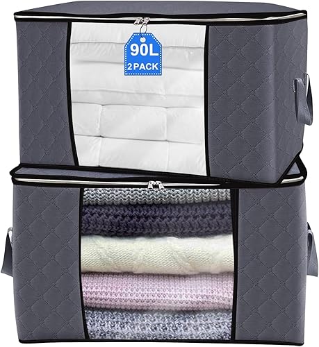 Paquete de 2 bolsas de almacenamiento de ropa, contenedores plegables de almacenamiento de mantas de 90 litros para organizadores de armario,