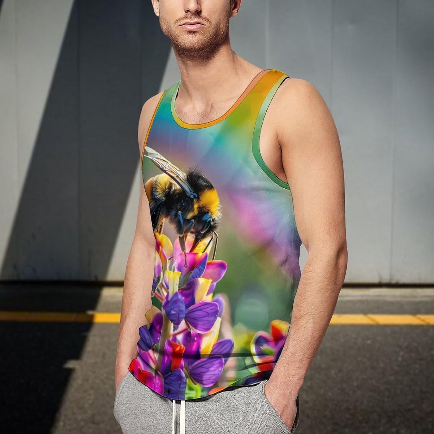 Bee Impressionism Rainbow Men's Tank Top Sleeveless Muscle Shirts Vest Beach T Shirts for Workout Gym