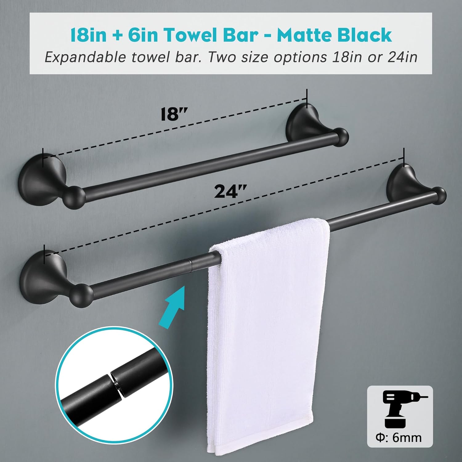 Bathroom Hardware Accessories Set 5 Pieces, 24 Inches Adjustable Expandable Towel Bar Set, Stainless Steel Towel Racks for Bathroom Wall Mounted, Black