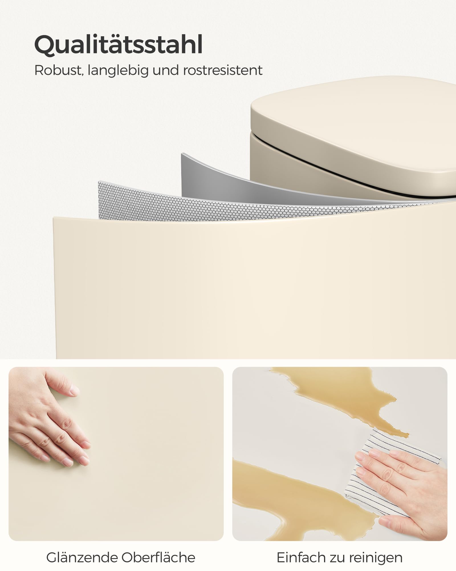 SONGMICS Mülleimer Küche 30 Liter Treteimer Softclose Stahl sandbeige LTB03A02