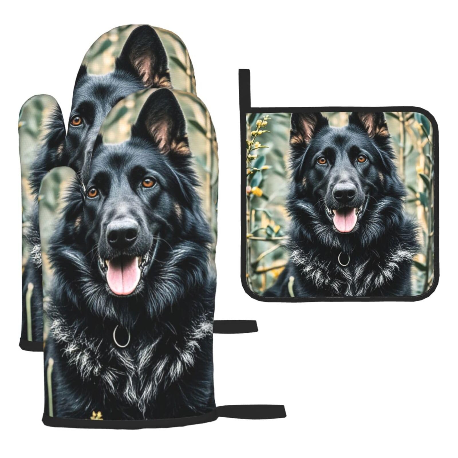 Oven Mitts and Pot Holders Sets of 3 Heat Resistant Kitchen Gloves Black german shepherd dog Oven Mitts BBQ Gloves Oven Gloves and Hot Pads Non-Slip Potholders for Kitchen Baking Cooking