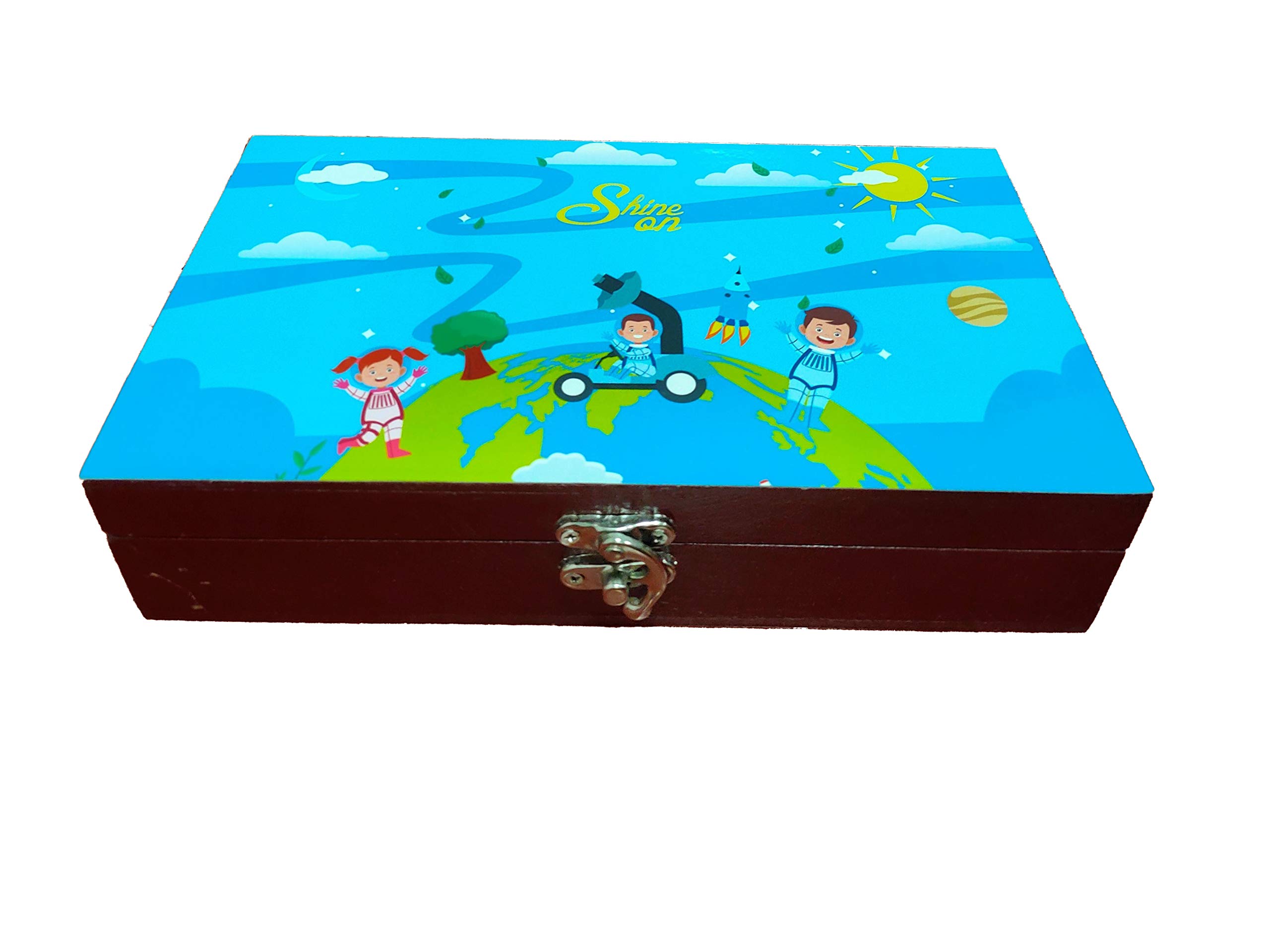 Just for KixMuti Purpose Large Wooden Stationary Keepsake Box Shine on Earth Theme Best Kids Birthday Return Gift