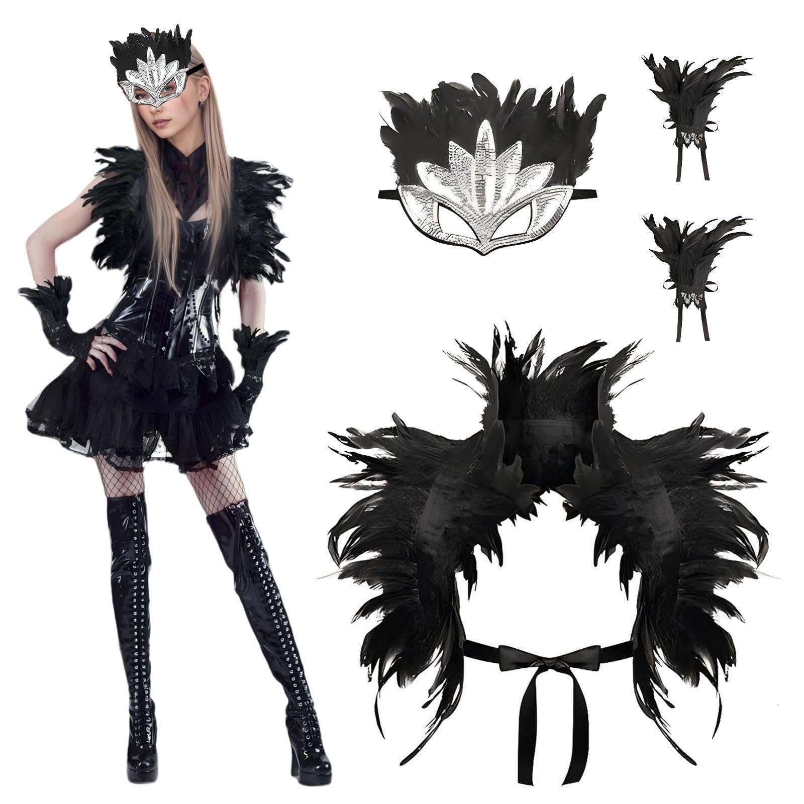 Gibocot 3 Pcs Halloween Maleficent Costume Women - Black Feather Cape Shawl wtih Wrist Cuffs & Crow Mask, Gothic Fancy Dress Swan Raven Outfit for Carnival World Book Day Cosplay