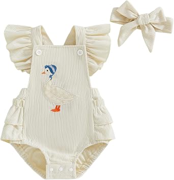Baby Girl Goose Romper Outfit Corduroy Overalls Ruffle Bodysuit Headband Farm Fall Silly Goose Birthday Clothes