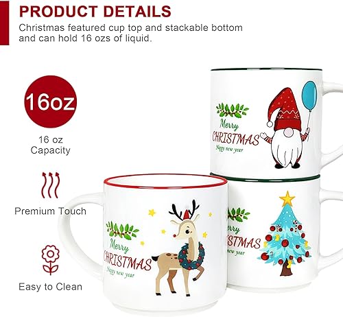 Miniatura 5 de QIKSION Christmas Coffee Mugs Set of 6, 14oz Hot Chocolate Mugs, Cocoa Ceramic Mug, Perfect for Holiday Gifts