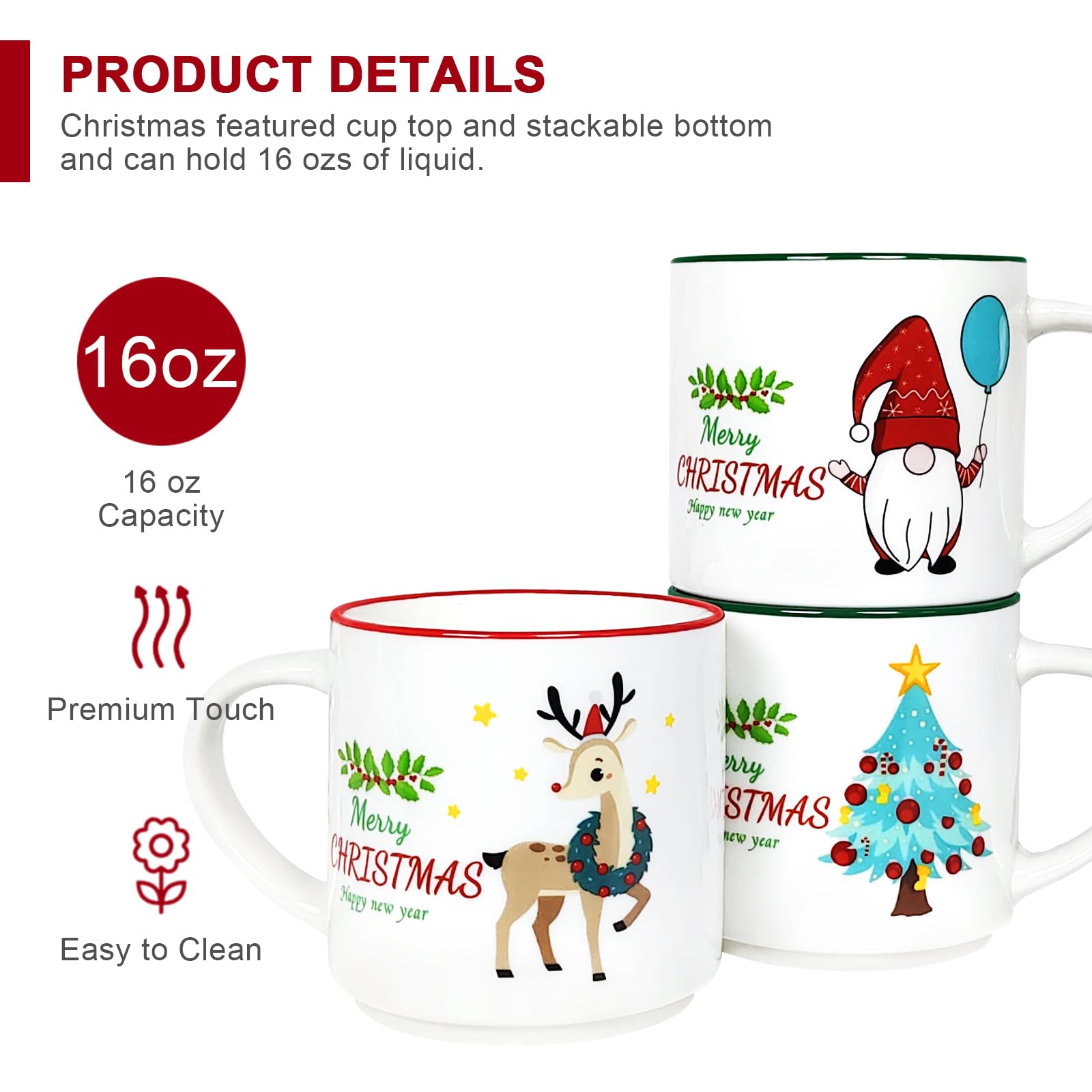 QIKSION Weihnachtstassen 6er Set, 400 ml, niedliche Keramik-Kaffeetassen, stapelbare Weihnachts-Kaffeetassen als Weihnachtsgeschenke für Familie, Freunde und Kollegen