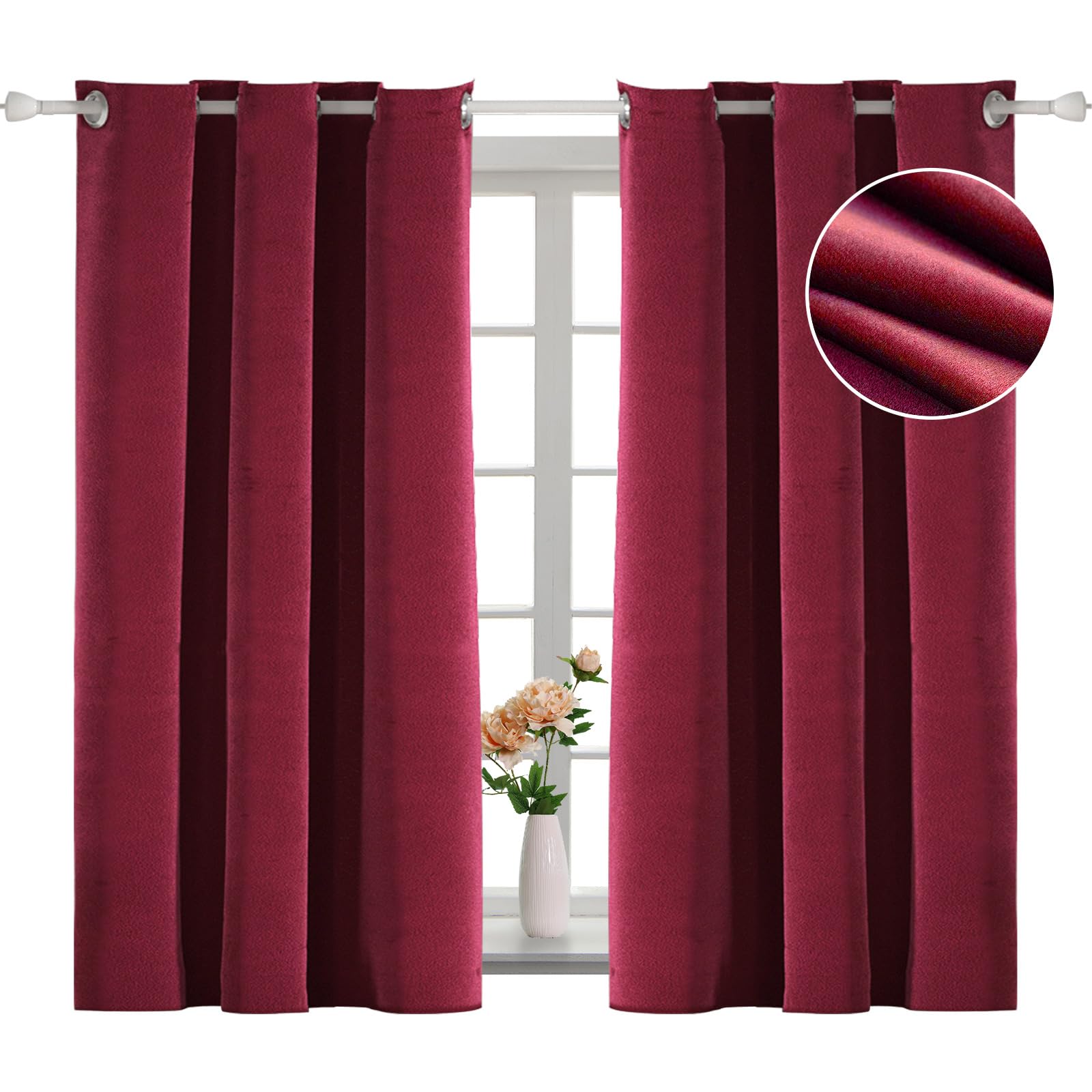 YSTELLAA Cortinas 100% Opacas 2 Piezas, 117×137cm, Terciopelo Cortinas Opacas Termicas, Termica Aislante Frio Y Calor, Insonorizantes, Modernas, para Dormitorio con Ojales, Burdeos