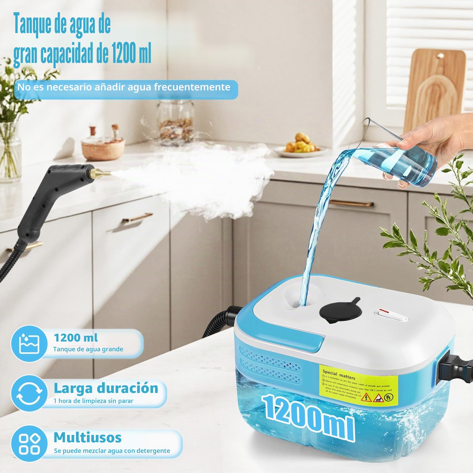 Limpiador a Vapor Portátil 2200W con 12 Accesorios, 1,4L Depósito, para Baño Patio Azulejos Juntas Suelos