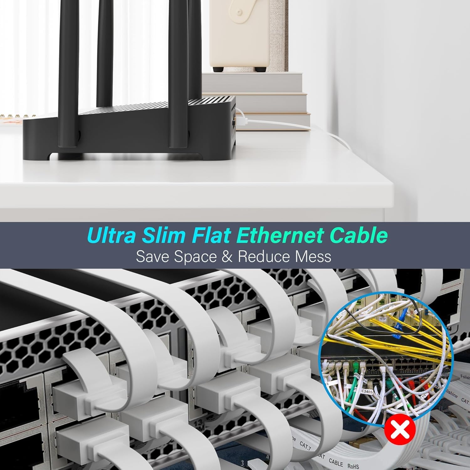5 Metri（10 Pezzi） Cavo Ethernet piatto Cat7-bianco,cavo LAN ad alta velocità,cavo Internet 10Gbps 600Mhz con spina RJ45,cavo patch Internet,POE,FTP,per router,switch,modem,con 25 clip