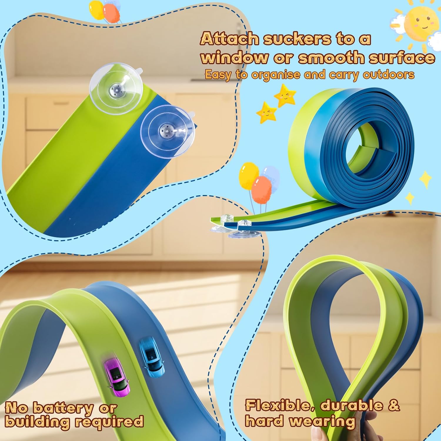 Flex Tracks 15 Ft for Kids Starter Set, Flexible Race Car Ramp Track with Suction Cups Compatible with Diecast 1/64th Cars for Ages 3 & Up (Green & Blue)