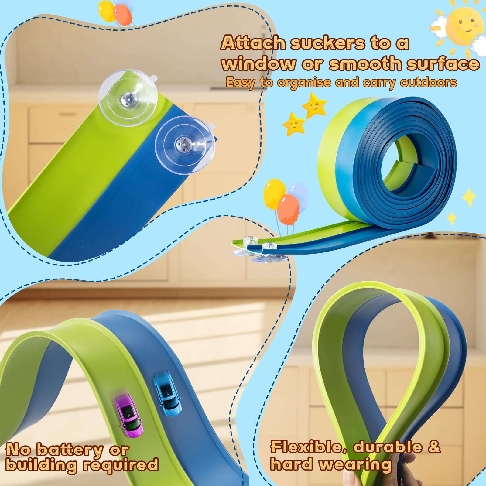 Flex Tracks 15 Ft for Kids Starter Set, Flexible Race Car Ramp Track with Suction Cups Compatible with Hot Wheels and Diecast 1/64th Cars for Ages 3 & Up (Green & Blue)