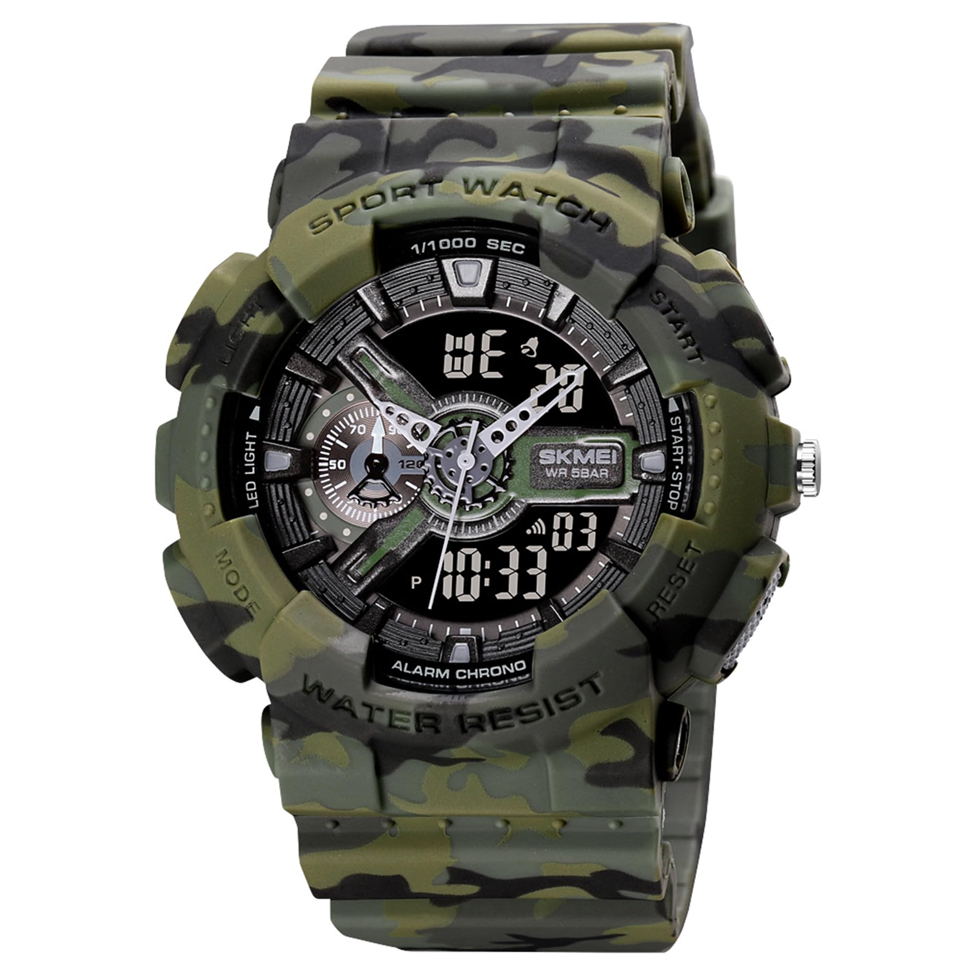 SKMEI Men's Digital Sports Watch, LED Square Large Face Analog Quartz Wrist Watch with Multi-Time Zone Waterproof Stopwatch, ARMY GREEN, Digital