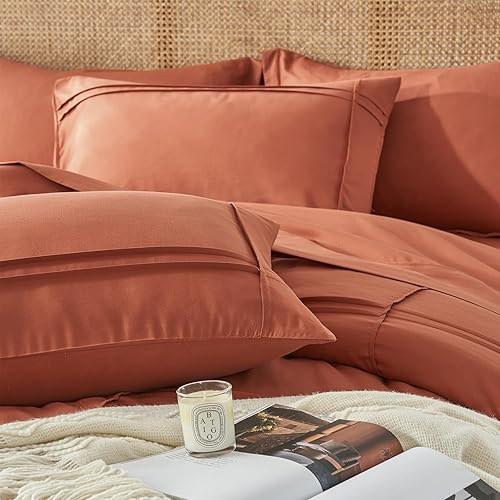 Miniatura 7 de Yogeneg Juego de edredón Queen de 7 piezas en una bolsa, juego de ropa de cama de terracota plisado de cuadrícula, edredón de microfibra suave con