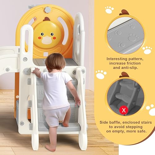 Miniatura 3 de JOYLDIAS Tobogán independiente 5 en 1 para niños pequeños, en forma de L, con aro de baloncesto y pelota, escalón antideslizante y espacio de