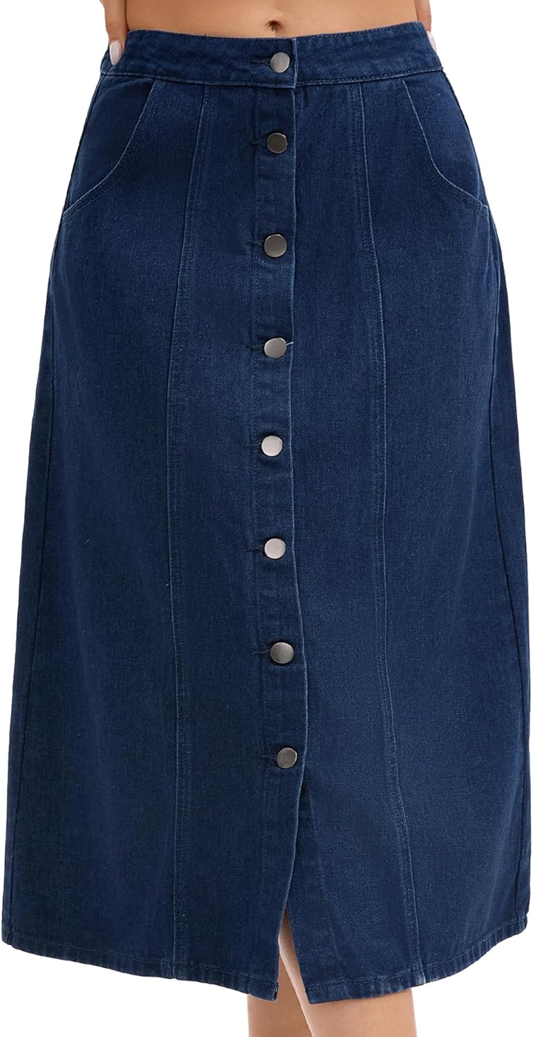 CIMUK Women's Denim Skirt Button Down Front High Waisted Pockets A Line Midi Jean Skirts