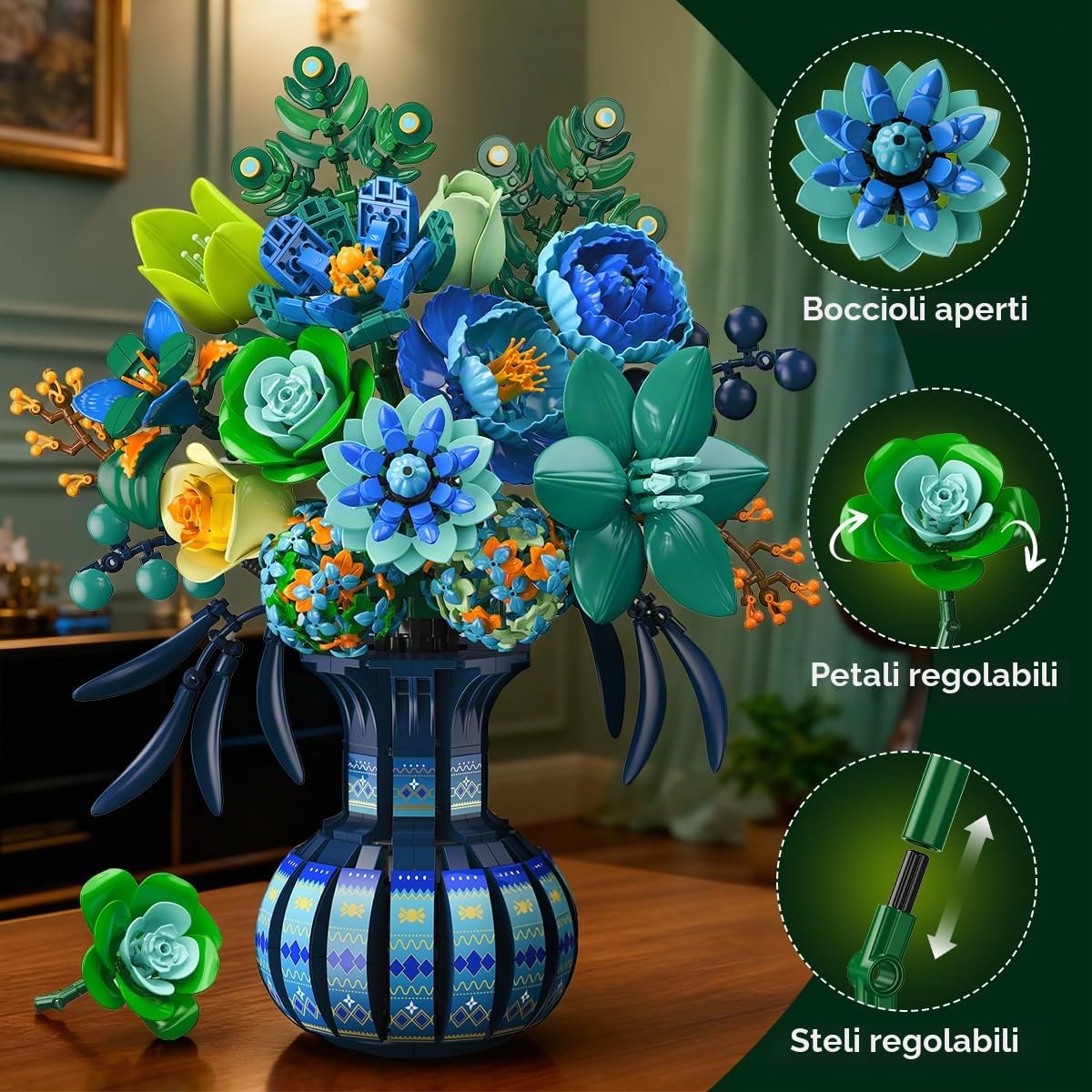 Plaxsoon Set Fiori con Vaso per Adulto, Bouquet Botanico in Mattoncini