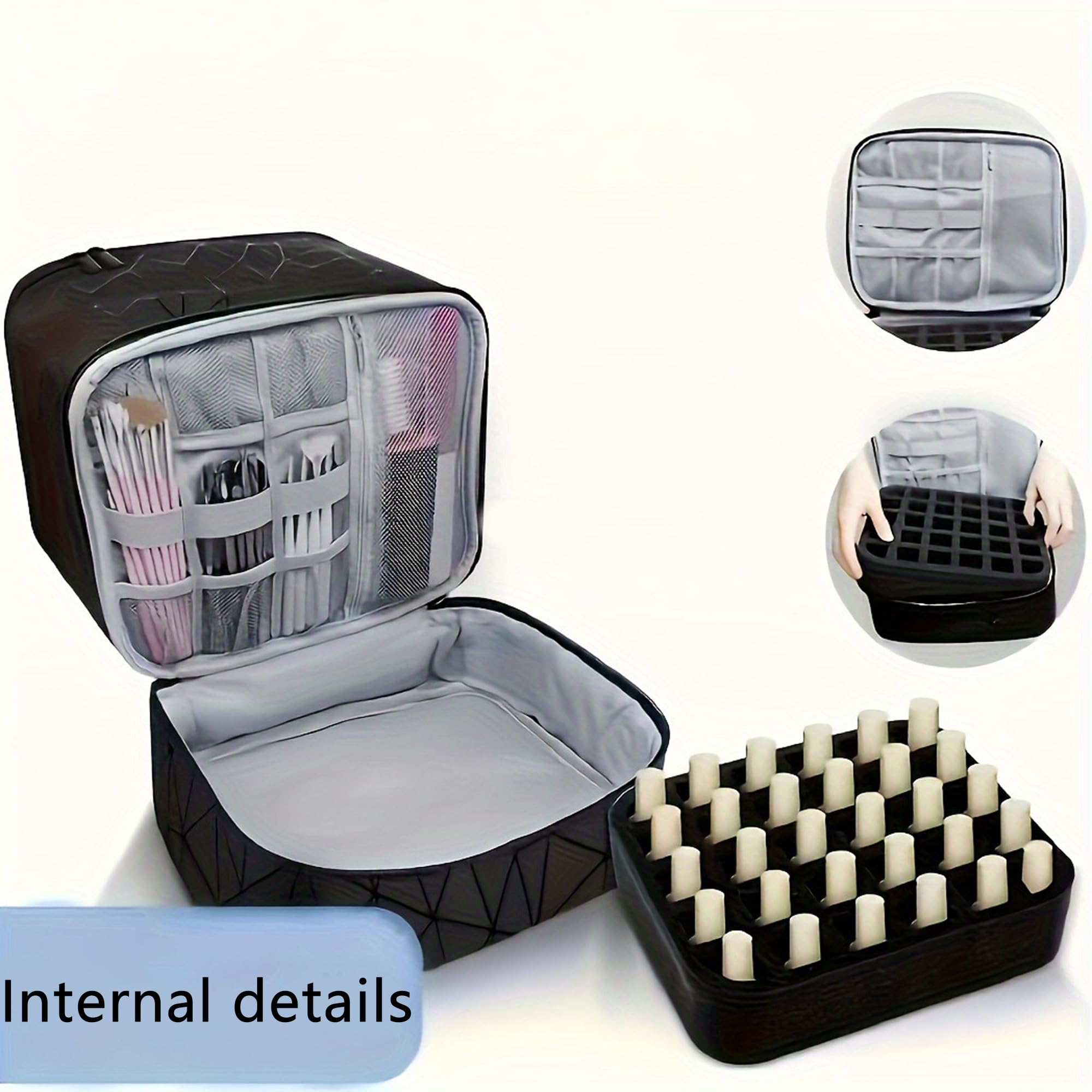 Organizador de esmalte de uñas de doble capa, rejilla de diamante negro, funda de transporte de esmalte de uñas, bolsa organizadora de maquillaje, bolsa de viaje de doble capa, bolsas de