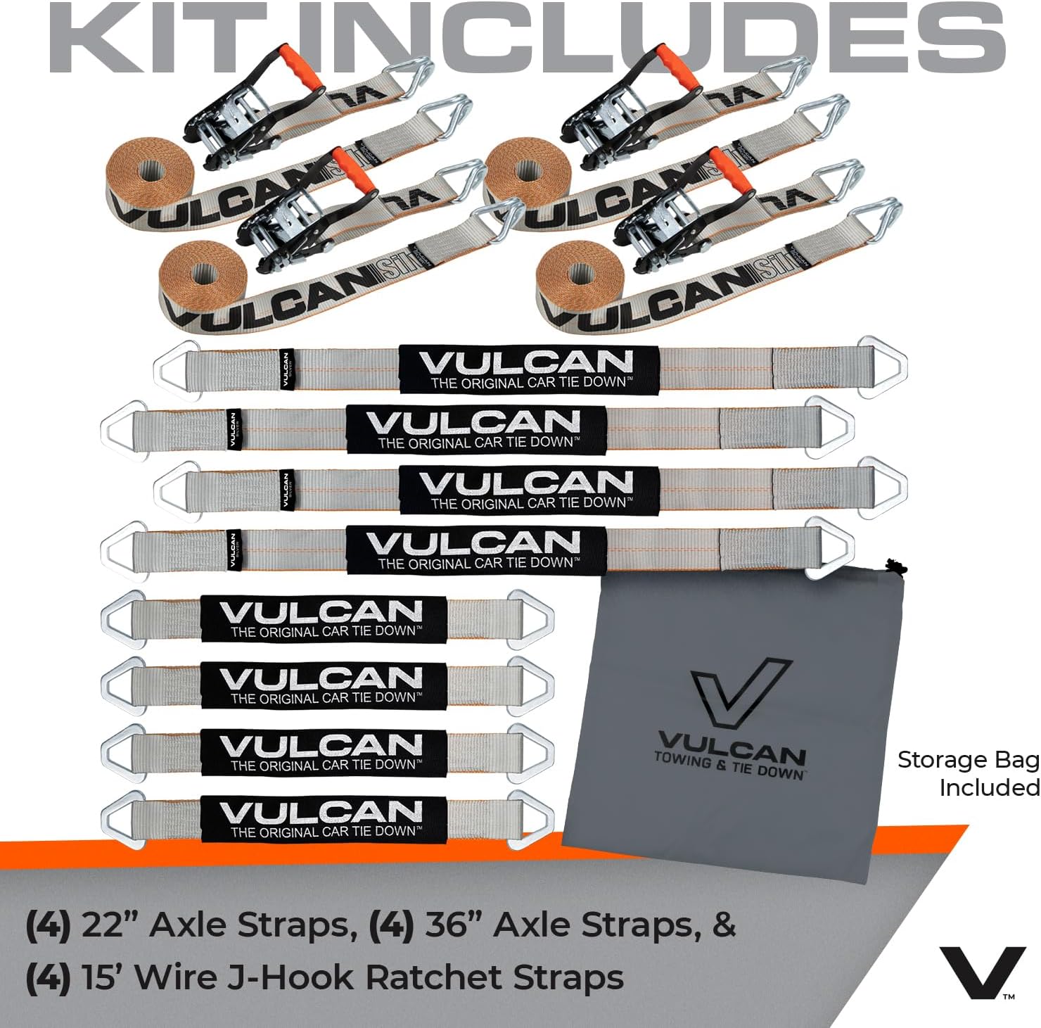 VULCAN Complete Axle Strap Tie Down Kit with Wire J-Hook Ratchet Straps - Silver Series Webbing - Includes (4) 22 and (4) 36 Inch Axle Tie Downs, and (4) 8' Wire Hook Straps - Image 5