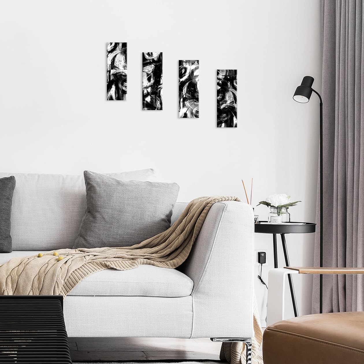 VGICH Abstract Canvas Wall Art 4 Piece, Black and White Minimalist Abstract Wall Decor Artwork for Living Room, Bedroom, Bedroom, Office (6x17 Inch)