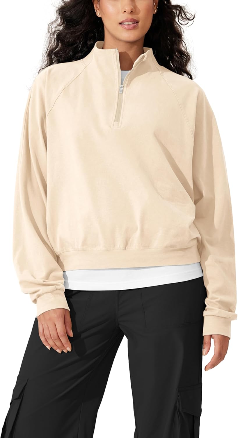 ODODOS Women’s Purevibe Cotton Half-Zip Pullover Funnel Neck Sweatshirts Long Sleeve Tops