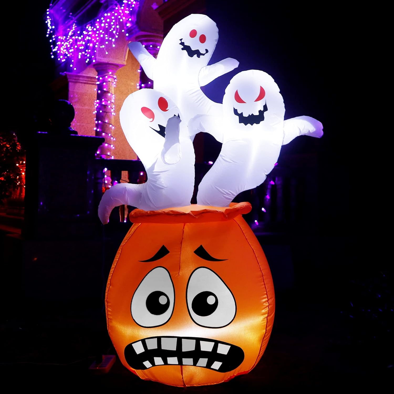 Joliyoou Halloween Blow Up Yard Decoration, 6 FT White LED Lighted Inflatable Pumpkin with Three Ghosts Standing On, Inflatable Holiday Yard Lawn Garden Decorations for Indoor and Outdoor : Patio, Lawn & Garden