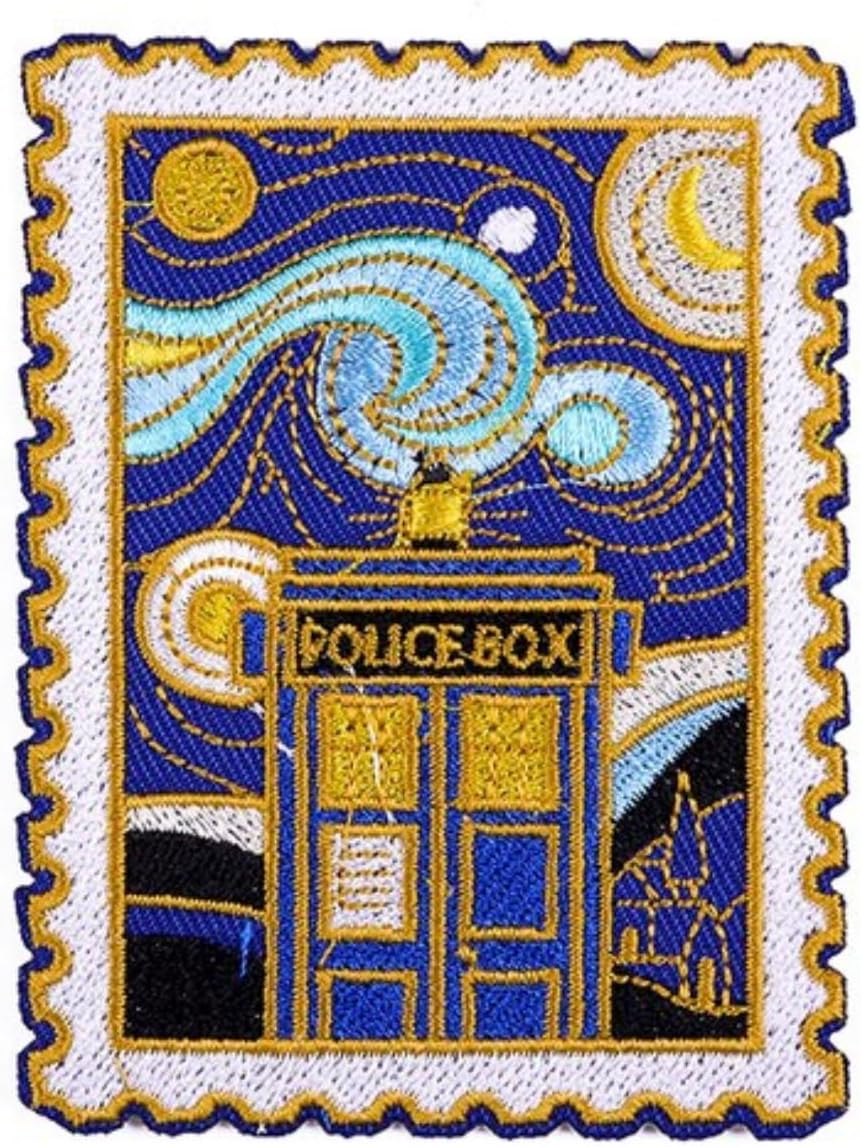 Tardis Starry Night Dr Who Van Gogh Police Box Stamp 3.4" Iron On Embroidered Thermoadhesive Patch for Clothing (Pack of 2)