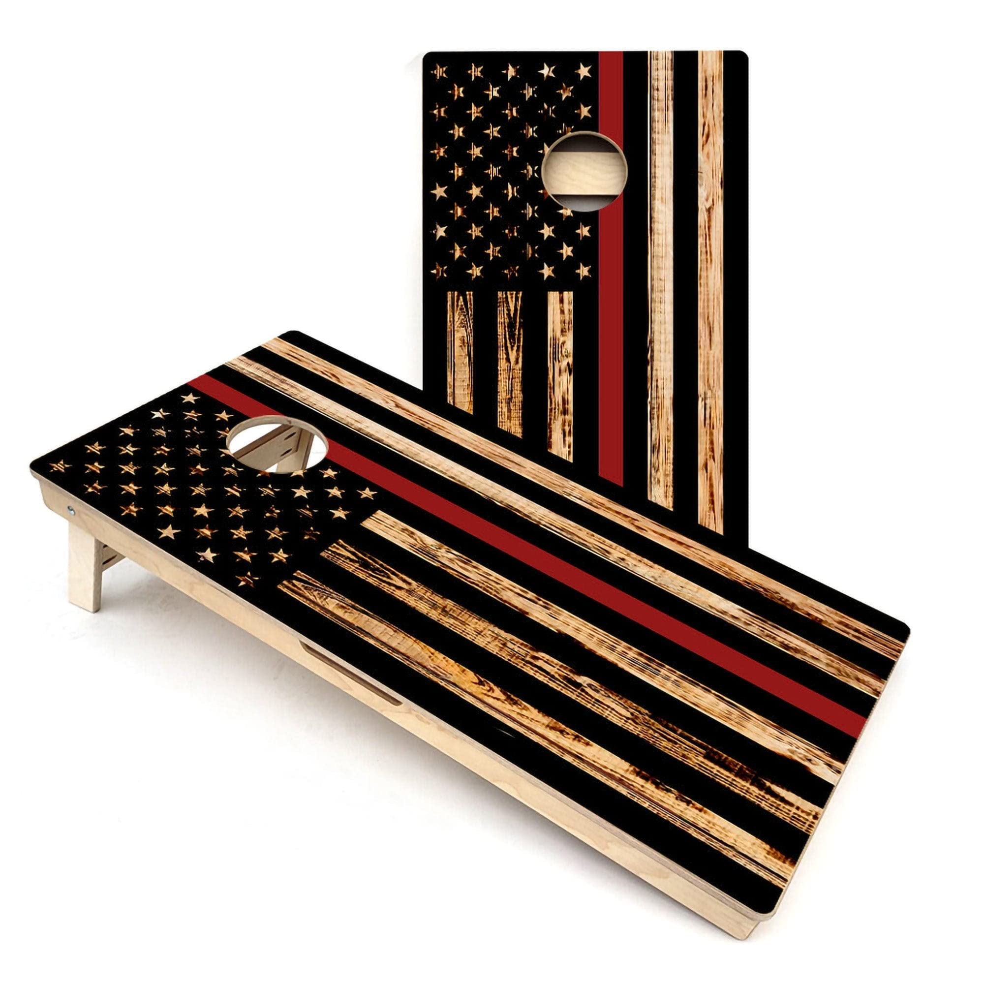 Skip's Garage Thin Red Line American Flag All-Weather PVC Cornhole Boards - Includes (2) Boards (NO Bags) + (1) Case & (2) Hole Lights