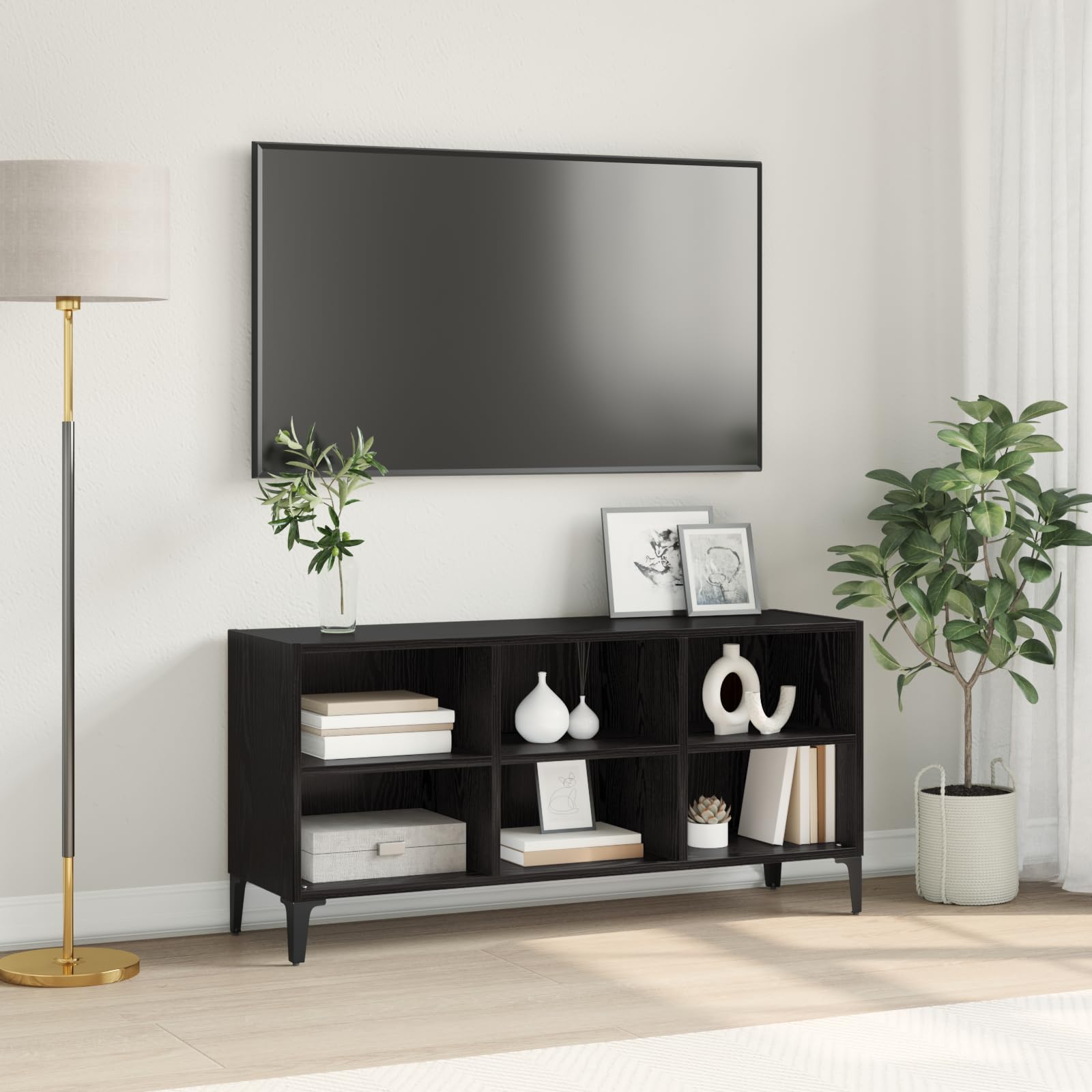 Black Oak TV Stand with Storage | Modern entertainment center features open shelves for media players and gaming consoles in the living room.