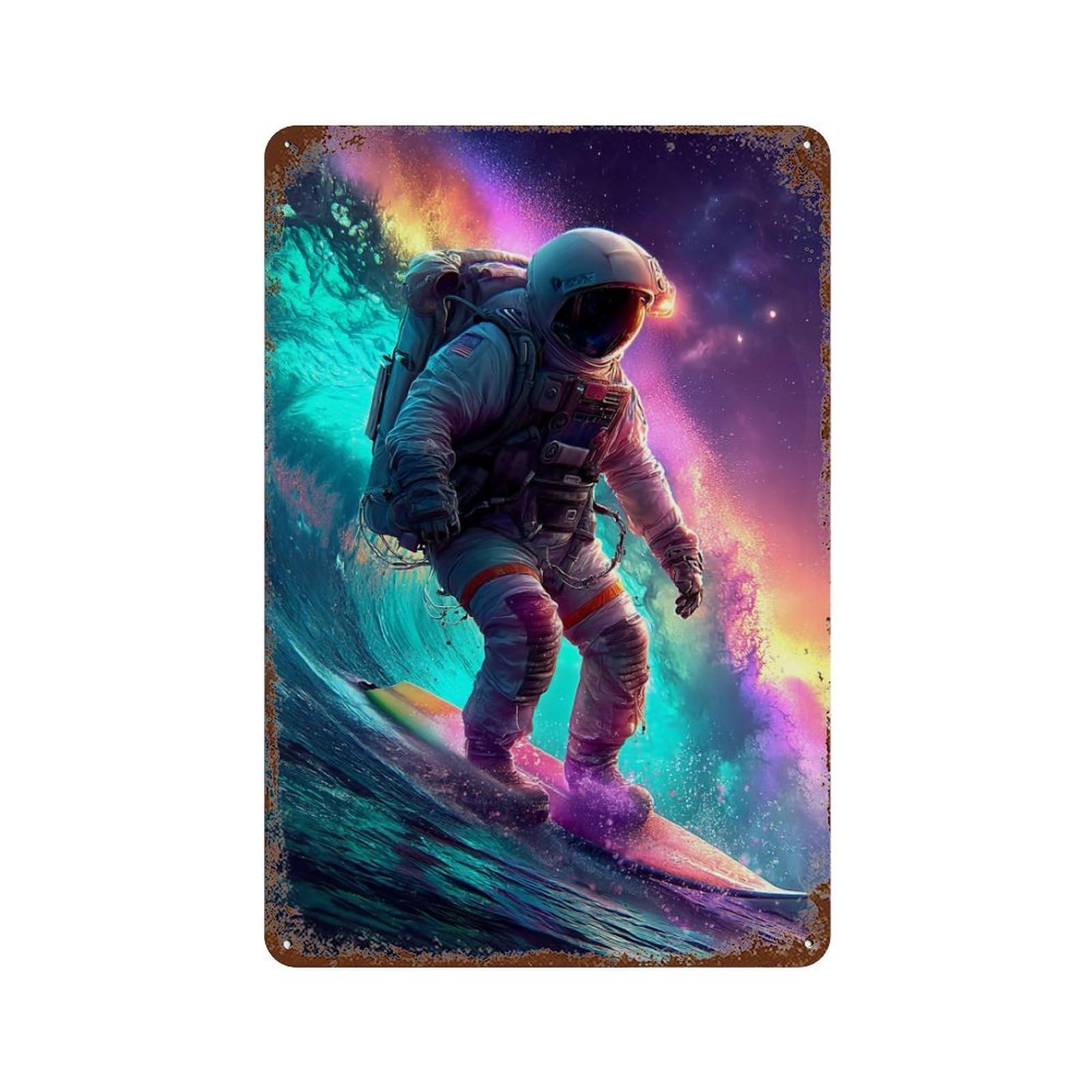 Astronaut Surfing in Space -2 Weathered Tin Sign 11.8"x7.9", Decorative Metal Wall Art for Garage, Bar And Workshop Decor