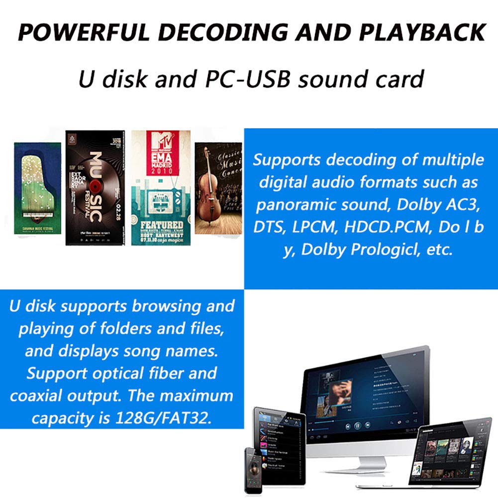 Décodeur audio, décodeur audio Dolby 5.1, BT-5.0 HDMI 4K 3D audio numérique et analogique, coaxial, optique, AUX, disque U, entrée PC USB, 192 kHz/24 bits, adapté à la musique home