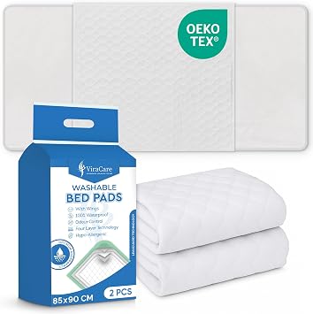 2 x Washable Incontinence Bed Pads with Tucks/Flaps | 85 x 90 cm | Incontinence Bed Sheets | Suitable for Single Bed | Reusable & White | Absorbent Pads | 1 Pack of 2