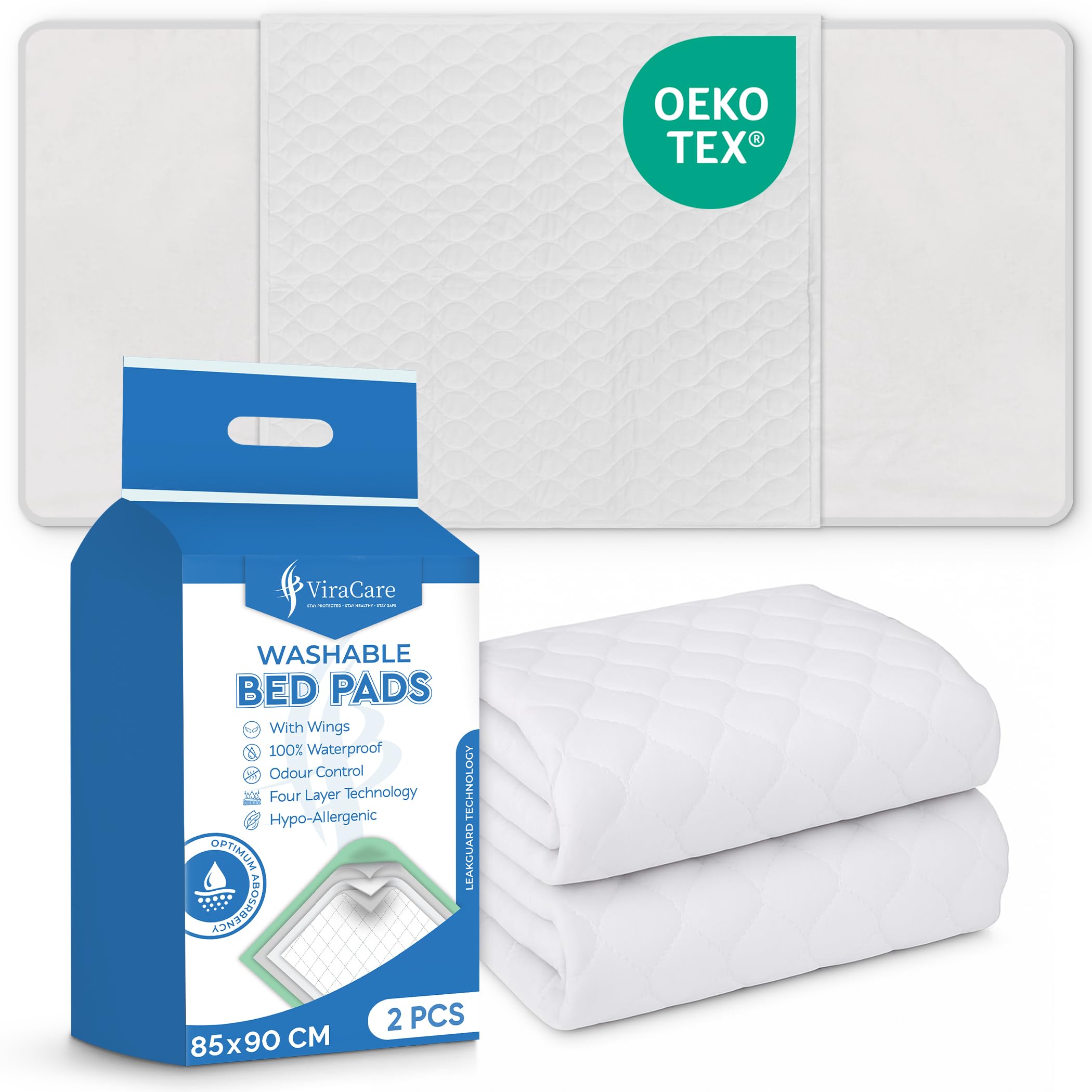 Viracare White 2 X Washable Incontinence Bed Pads With Tucks/Flaps | 85 X 90 Cm | Incontinence Bed Sheets | Suitable For Single Bed | Reusable & | Absorbent Pads | (1 Pack Of 2)