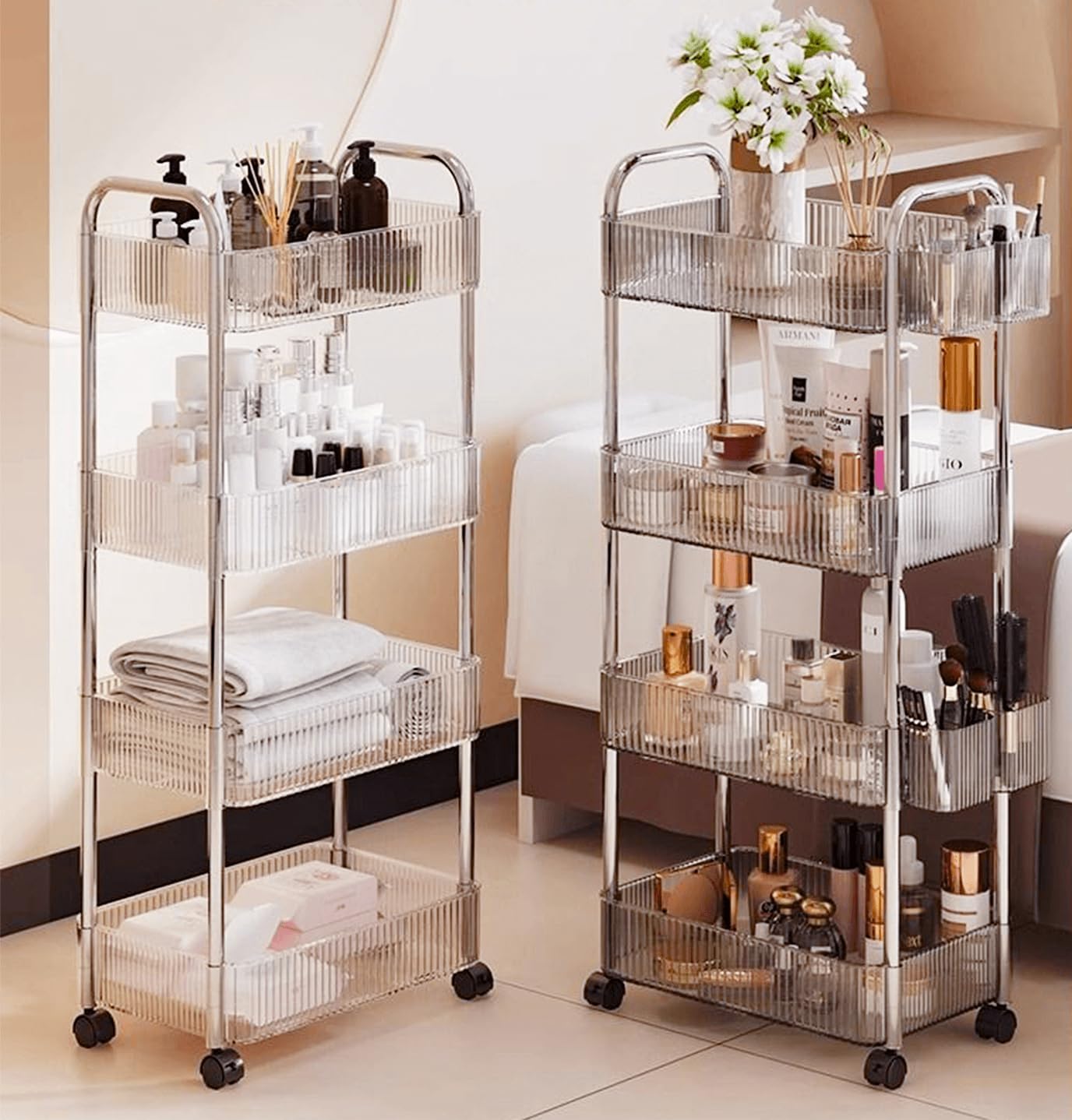4-Tier Plastic Clear Rolling Utility Cart with Wheels, Lightweight-Usage Multifunctional Storage Organizer Cart for Home, Office, Kitchen & Bathroom, 8.2”W * 13”L * 35.8”H