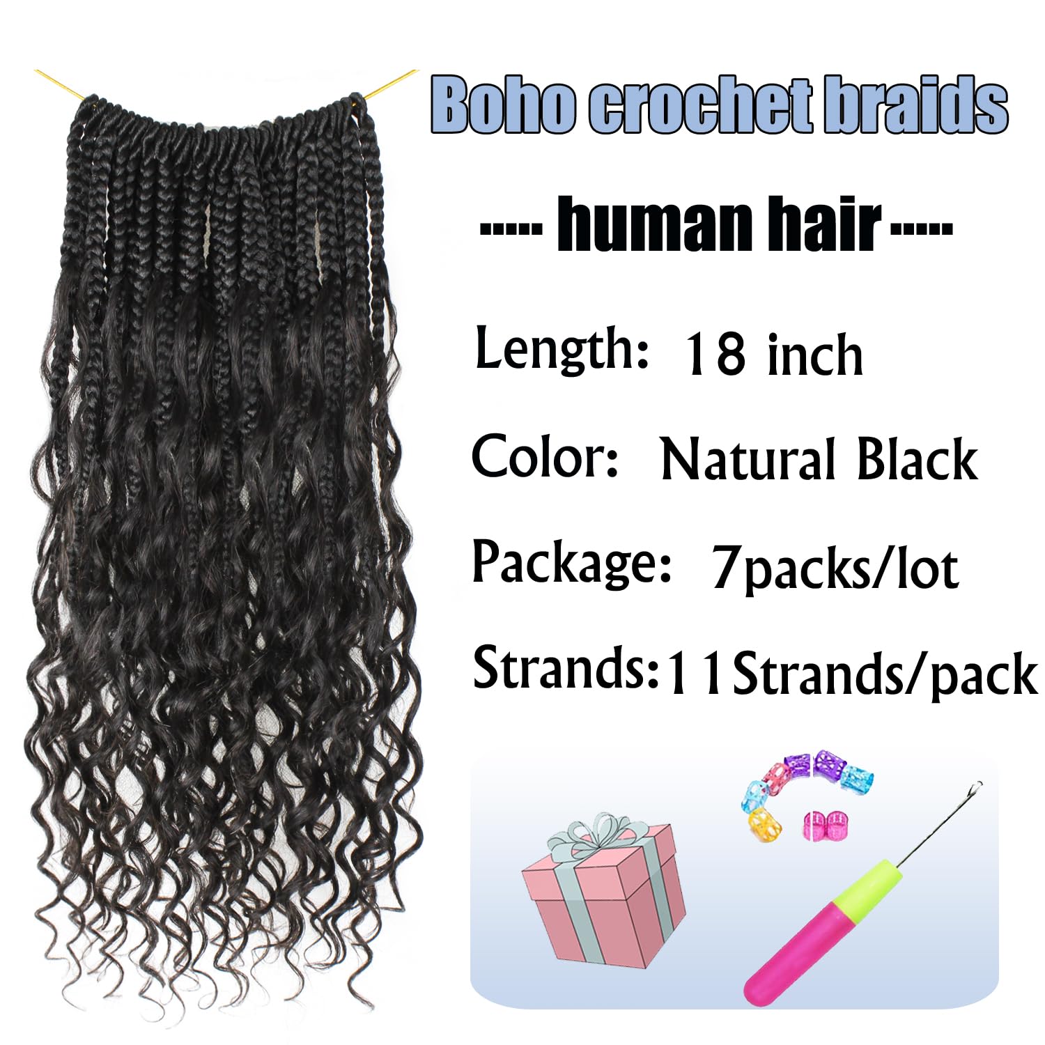 Boho Crochet Braids Human Hair 18 Inch Goddess Box Braids Crochet Hair for Black Women Human Hair Curls Pre looped Synthetic Boho Box Braid Crochet Hair Extensions(1B, 77Strands)