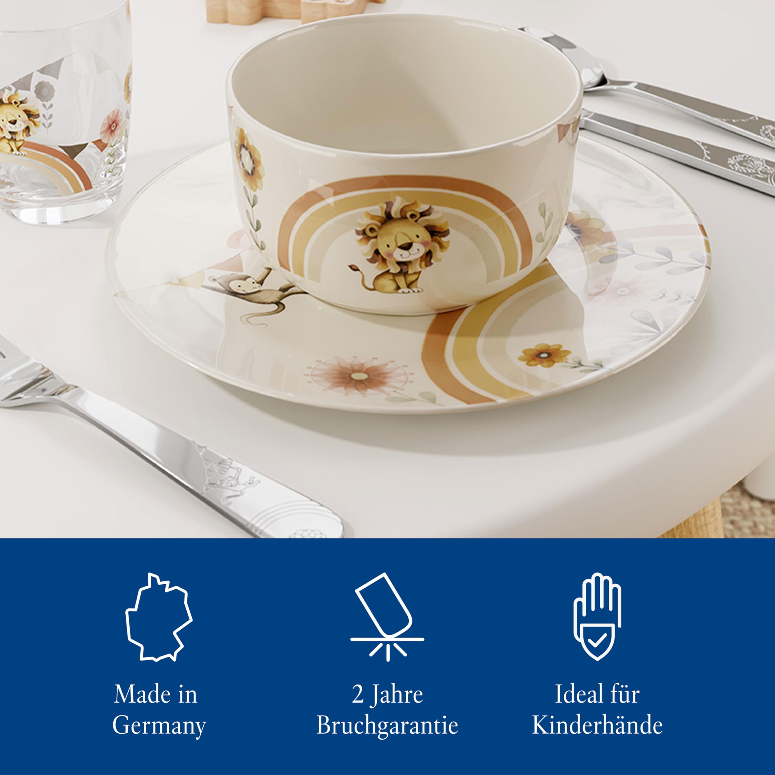 Villeroy & Boch – Boho Kids "Roar like a lion" Kindergeschirr-Set 3 teilig Beige, Spülmaschinenfest, Mikrowellensicher, Geschirr Set Kinder, Tiermotiv Löwe und Affe, Premium Porzellan