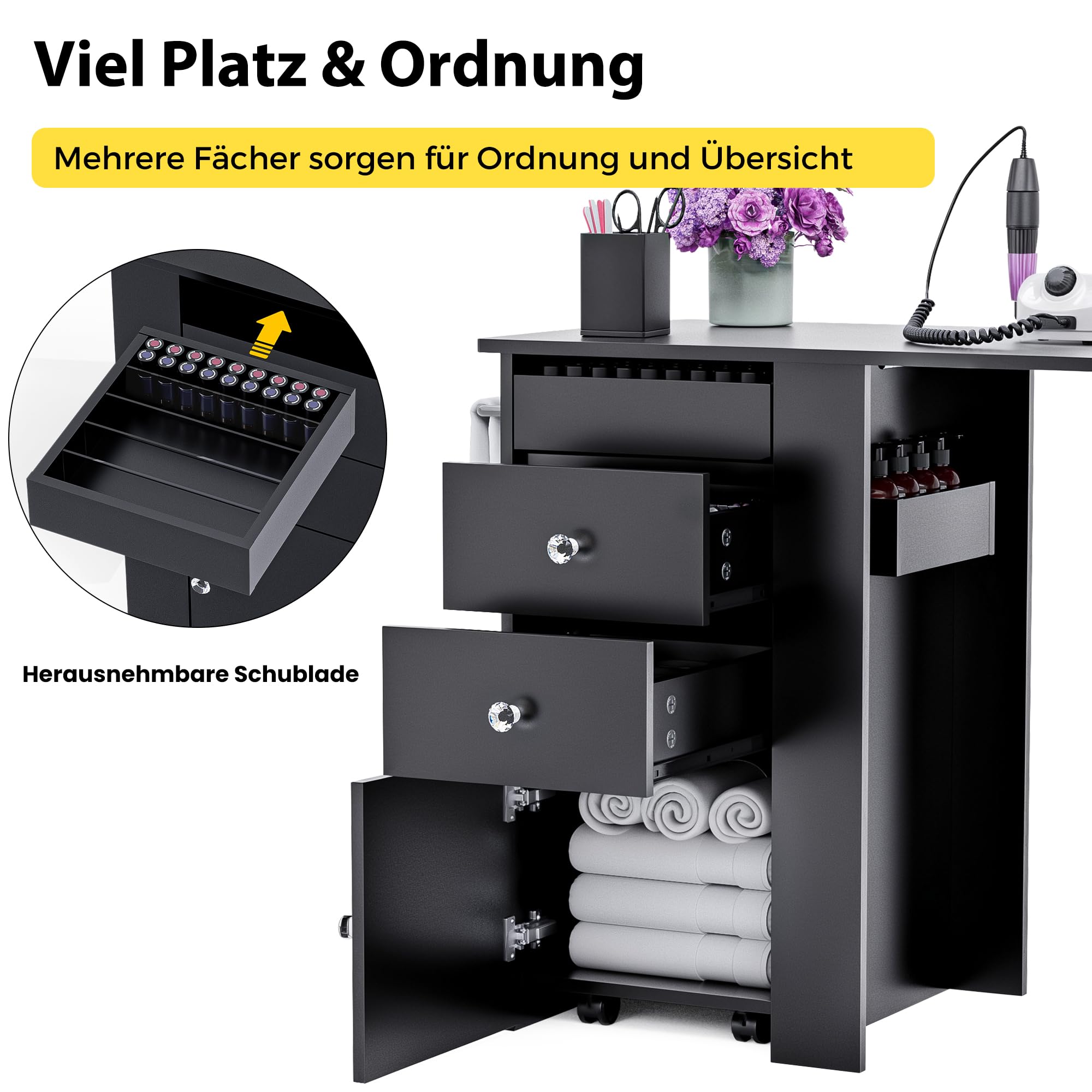 Klappbarer Nageltisch mit Staubabsaugung & LED-Lampe, Mobiler Manikürtisch auf Rollen mit 3 Schubladen, Schrank & Nagellack-Organizer, Handauflage & 4 Staubsaugerbeutel für Nagelstudio,Schwarz