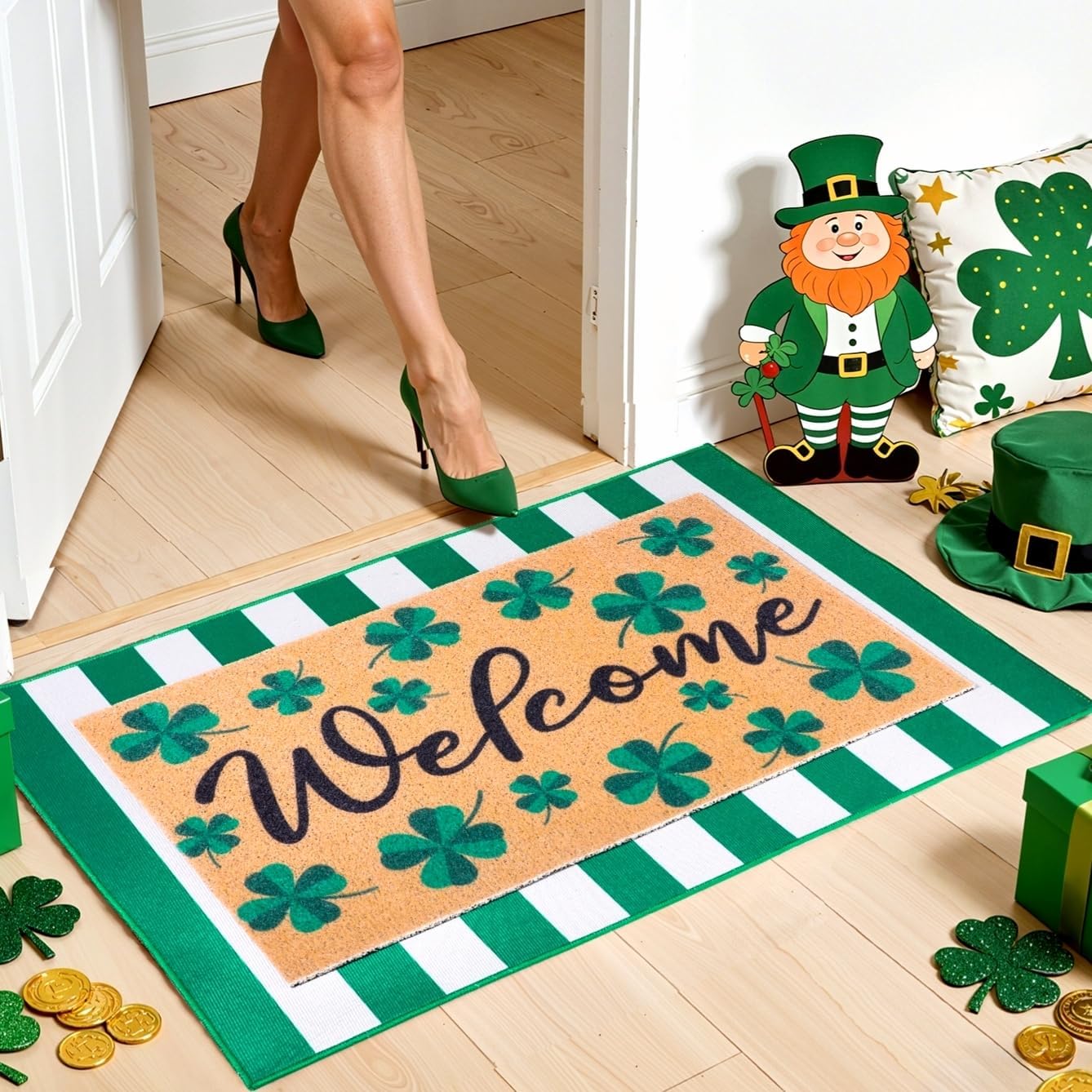 2Pcs St. Patrick's Day Doormat Coir St. Patrick's Day Welcomel Door Mats Outdoor with Non Slip Floor Doormat Green and White Irish Shamrock Rug for Irish Festival Front Entryway Decor