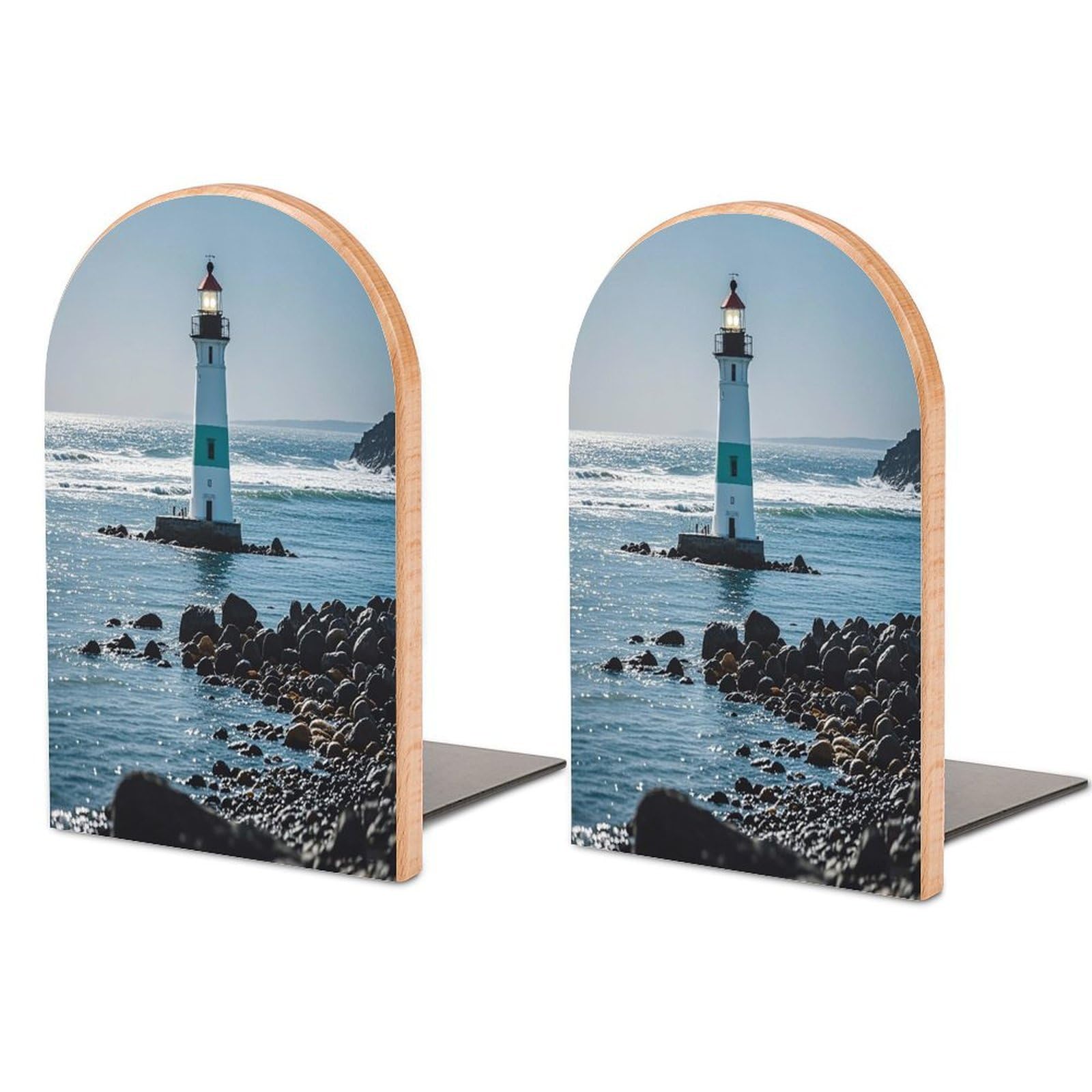 Lighthouse Ocean Bookend for Shelves Unique Book End Sturdy Books Holder Heavy Duty Wooden Bookends Support Non-Slip Book Organizers Decorative Modern Bookend Holder for Home