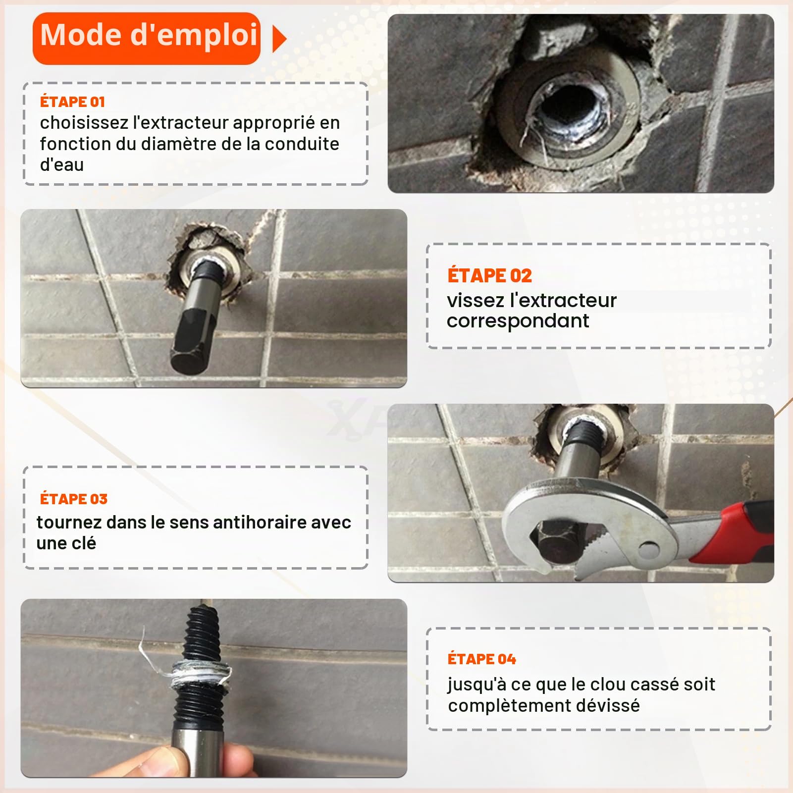 Jeu de 8 tarauds NPT (1/8" à 3/4") avec 2 extracteurs de vis et clé de serrage avec sac de rangement en cuir