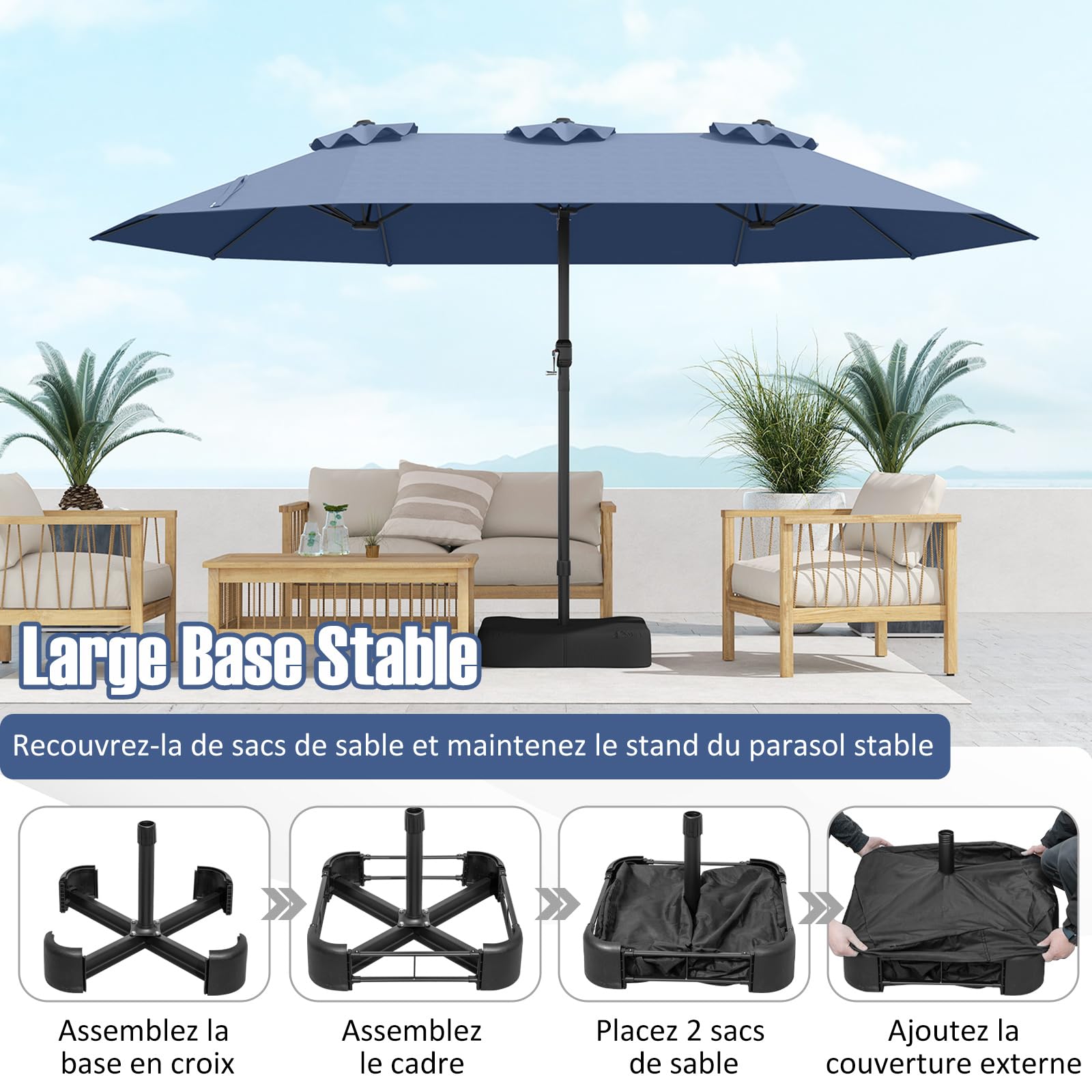 RELAX4LIFE Grand Parasol Double avec Pied 4,7M, Grand Parasol de Jardin Extérieur avec Manivelle, 12 Baleines, Base Croix, Sacs de Sable, Ventilé, Protection Solaire pour Terrasse Marché (Bleu foncé)