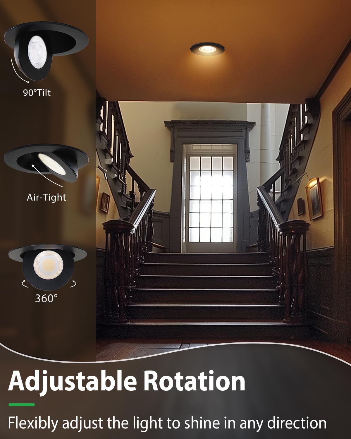 zouzai 12 pack 6 inch 5cct black gimbal led recessed lights, 360°+90° adjustable directional recessed lighting, 2700k-5000k dimmable retrofit eyeball canless lights with jbox, etl&energy star black-6 inch 12 pack
