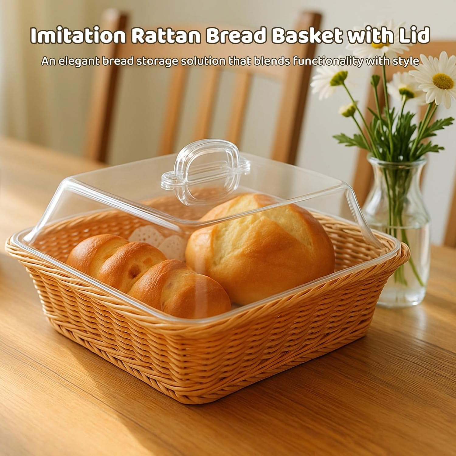 2 Pcs Imitation Rattan Square Bread Baskets with Clear Acrylic Lids, Food Serving Tray Set with 150 Lace Doilies and 2 Stainless Steel Tongs