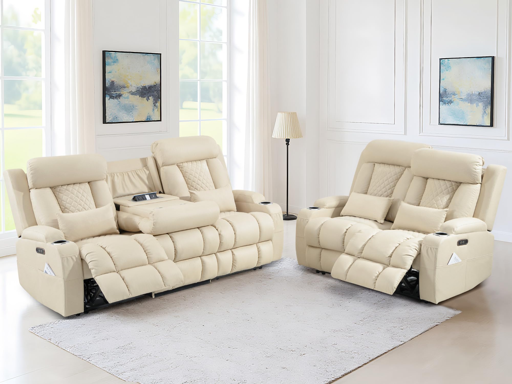 CALIVIA Wall Hugger Power Recliner Sofa Set – Includes Electric Reclining Loveseat and 3-Seater Sofa with Manual Adjustable Headrests (Beige)