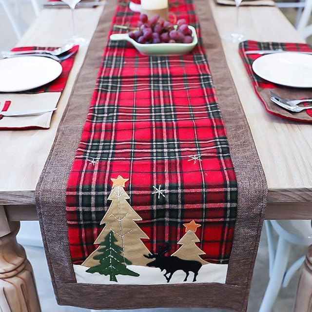 Baogaier Christmas Table Linen 35x180 cm Double Layers Buffalo Plaid Embroidered Table Cloth, Xmas Table Runner Cotton for Holiday Christmas Home Tablecover Decorations - Red & Green