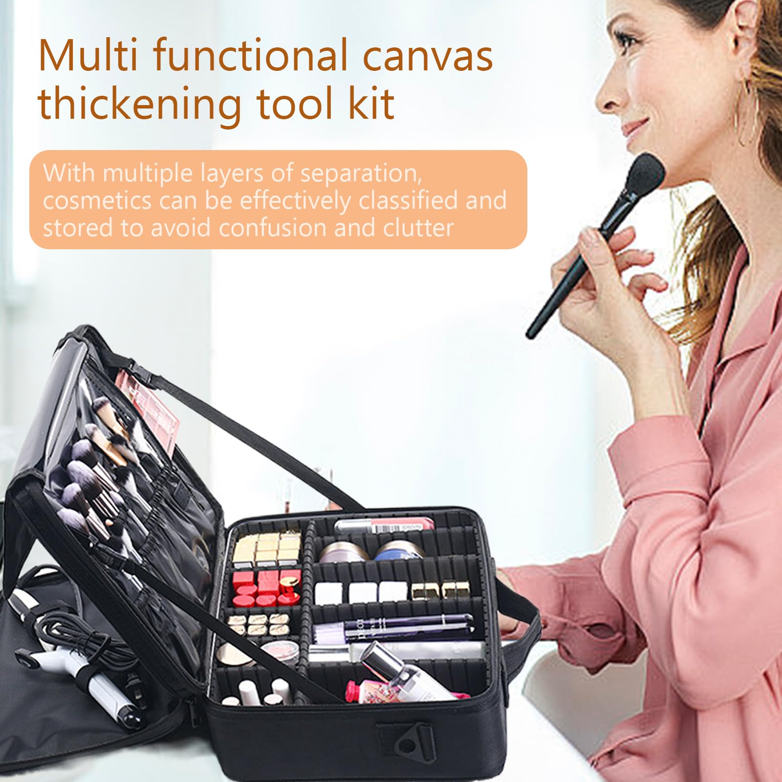 Make up Tasche, Zugetui, tragbarer Kosmetik Organizer mit verstellbaren Trennwänden, Oxford Stoff, Pinsel Aufbewahrung, Make up Box
