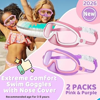 Vvinca 2 Pcs Kids Swim Goggles with Nose Cover, Swimming Diving Mask Wide View Anti Fog UV Anti Shattered Lens for Kids 3-14